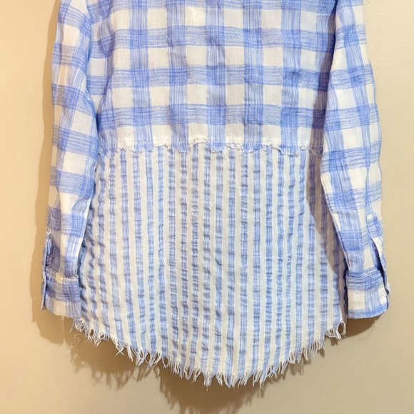 Entro Blue & White Plaid & Stripe Colour Blocked Cotton Button Up Shirt - Picture 11 of 13